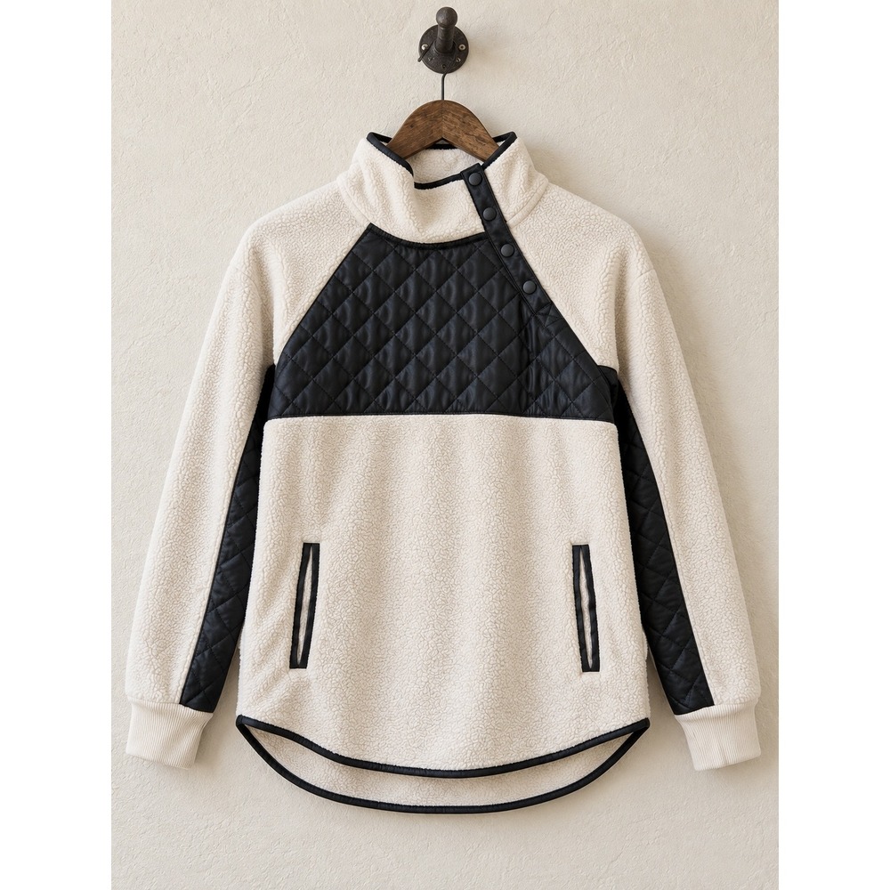 Abercrombie & Fitch Fleece Pullover Quilted Faux Leather Trim Cream L
